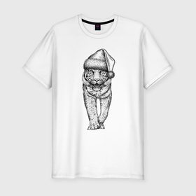 Мужская футболка хлопок Slim с принтом Тигр в новогоднем колпаке в Санкт-Петербурге, 92% хлопок, 8% лайкра | приталенный силуэт, круглый вырез ворота, длина до линии бедра, короткий рукав | 