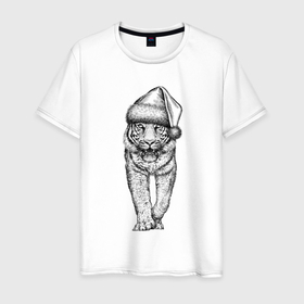 Мужская футболка хлопок с принтом Тигр в новогоднем колпаке в Курске, 100% хлопок | прямой крой, круглый вырез горловины, длина до линии бедер, слегка спущенное плечо. | 