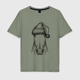 Мужская футболка хлопок Oversize с принтом Новогодняя лошадь , 100% хлопок | свободный крой, круглый ворот, “спинка” длиннее передней части | 