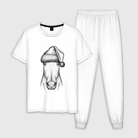 Мужская пижама хлопок с принтом Новогодняя лошадь в Кировске, 100% хлопок | брюки и футболка прямого кроя, без карманов, на брюках мягкая резинка на поясе и по низу штанин
 | 