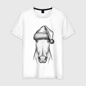 Мужская футболка хлопок с принтом Новогодняя лошадь , 100% хлопок | прямой крой, круглый вырез горловины, длина до линии бедер, слегка спущенное плечо. | 