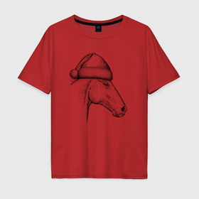 Мужская футболка хлопок Oversize с принтом Профиль новогодней лошади , 100% хлопок | свободный крой, круглый ворот, “спинка” длиннее передней части | Тематика изображения на принте: 
