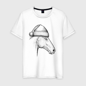 Мужская футболка хлопок с принтом Профиль новогодней лошади , 100% хлопок | прямой крой, круглый вырез горловины, длина до линии бедер, слегка спущенное плечо. | 