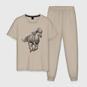 Мужская пижама хлопок с принтом Лошадь в новогоднем колпаке , 100% хлопок | брюки и футболка прямого кроя, без карманов, на брюках мягкая резинка на поясе и по низу штанин
 | 