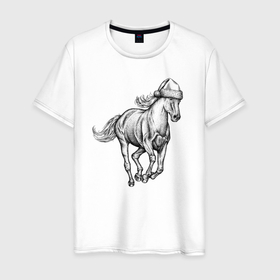 Мужская футболка хлопок с принтом Лошадь в новогоднем колпаке , 100% хлопок | прямой крой, круглый вырез горловины, длина до линии бедер, слегка спущенное плечо. | 