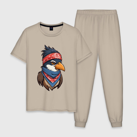 Мужская пижама хлопок с принтом Птица в бандане в стиле Хип хоп в Кировске, 100% хлопок | брюки и футболка прямого кроя, без карманов, на брюках мягкая резинка на поясе и по низу штанин
 | 