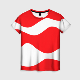 Женская футболка 3D с принтом Красно белый волнистые линии в Екатеринбурге, 100% полиэфир ( синтетическое хлопкоподобное полотно) | прямой крой, круглый вырез горловины, длина до линии бедер | 