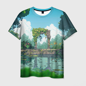 Мужская футболка 3D с принтом Пруд и каменные ворота в Ухте, 100% полиэфир | прямой крой, круглый вырез горловины, длина до линии бедер | 