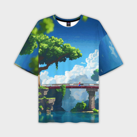 Мужская футболка oversize 3D с принтом Пейзаж с мостом над рекой ,  |  | Тематика изображения на принте: 