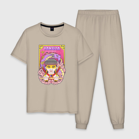 Мужская пижама хлопок с принтом Девушка якудза в Курске, 100% хлопок | брюки и футболка прямого кроя, без карманов, на брюках мягкая резинка на поясе и по низу штанин
 | Тематика изображения на принте: 