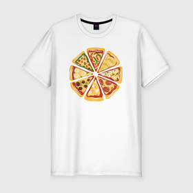 Мужская футболка хлопок Slim с принтом Пицца ассорти в Новосибирске, 92% хлопок, 8% лайкра | приталенный силуэт, круглый вырез ворота, длина до линии бедра, короткий рукав | Тематика изображения на принте: 