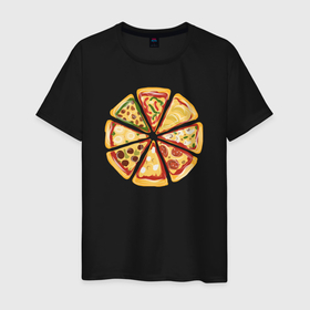 Мужская футболка хлопок с принтом Пицца ассорти в Петрозаводске, 100% хлопок | прямой крой, круглый вырез горловины, длина до линии бедер, слегка спущенное плечо. | 