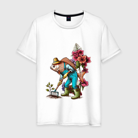 Мужская футболка хлопок с принтом Рыба дачник ухаживает за садом в Екатеринбурге, 100% хлопок | прямой крой, круглый вырез горловины, длина до линии бедер, слегка спущенное плечо. | 
