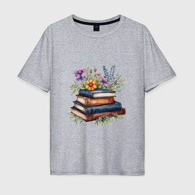 Мужская футболка хлопок Oversize с принтом Стопка книг с полевыми цветами в Тюмени, 100% хлопок | свободный крой, круглый ворот, “спинка” длиннее передней части | 