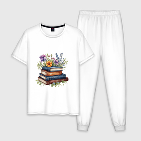Мужская пижама хлопок с принтом Стопка книг с полевыми цветами в Петрозаводске, 100% хлопок | брюки и футболка прямого кроя, без карманов, на брюках мягкая резинка на поясе и по низу штанин
 | 