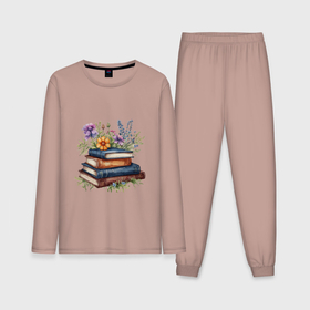 Мужская пижама с лонгсливом хлопок с принтом Стопка книг с полевыми цветами в Тюмени,  |  | 