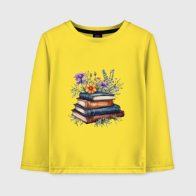 Детский лонгслив хлопок с принтом Стопка книг с полевыми цветами в Тюмени, 100% хлопок | круглый вырез горловины, полуприлегающий силуэт, длина до линии бедер | 