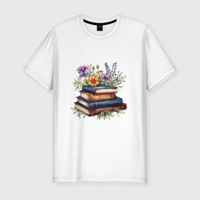 Мужская футболка хлопок Slim с принтом Стопка книг с полевыми цветами в Петрозаводске, 92% хлопок, 8% лайкра | приталенный силуэт, круглый вырез ворота, длина до линии бедра, короткий рукав | 