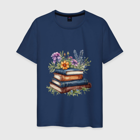 Мужская футболка хлопок с принтом Стопка книг с полевыми цветами в Тюмени, 100% хлопок | прямой крой, круглый вырез горловины, длина до линии бедер, слегка спущенное плечо. | 