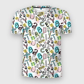 Мужская футболка 3D Slim с принтом Цветные каракули  буквы алфавита , 100% полиэстер с улучшенными характеристиками | приталенный силуэт, круглая горловина, широкие плечи, сужается к линии бедра | 