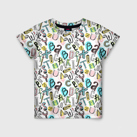 Детская футболка 3D с принтом Цветные каракули  буквы алфавита в Санкт-Петербурге, 100% гипоаллергенный полиэфир | прямой крой, круглый вырез горловины, длина до линии бедер, чуть спущенное плечо, ткань немного тянется | 