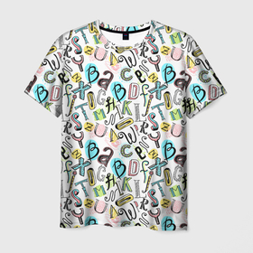 Мужская футболка 3D с принтом Цветные каракули  буквы алфавита , 100% полиэфир | прямой крой, круглый вырез горловины, длина до линии бедер | 