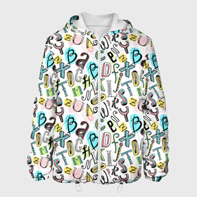 Мужская куртка 3D с принтом Цветные каракули  буквы алфавита в Новосибирске, ткань верха — 100% полиэстер, подклад — флис | прямой крой, подол и капюшон оформлены резинкой с фиксаторами, два кармана без застежек по бокам, один большой потайной карман на груди. Карман на груди застегивается на липучку | 
