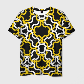 Мужская футболка 3D с принтом Жёлто белые полосы на чёрном фоне , 100% полиэфир | прямой крой, круглый вырез горловины, длина до линии бедер | Тематика изображения на принте: 