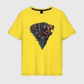 Мужская футболка хлопок Oversize с принтом Индеец медведь в Тюмени, 100% хлопок | свободный крой, круглый ворот, “спинка” длиннее передней части | 