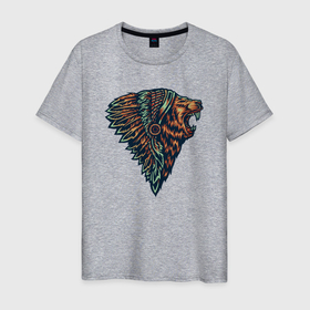Мужская футболка хлопок с принтом Индеец медведь в Санкт-Петербурге, 100% хлопок | прямой крой, круглый вырез горловины, длина до линии бедер, слегка спущенное плечо. | 