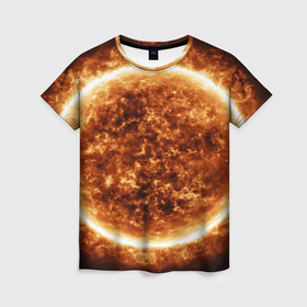 Женская футболка 3D с принтом Пылающее солнце крупным планом в Тюмени, 100% полиэфир ( синтетическое хлопкоподобное полотно) | прямой крой, круглый вырез горловины, длина до линии бедер | 