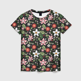 Женская футболка 3D с принтом Tropical flowers texture в Петрозаводске, 100% полиэфир ( синтетическое хлопкоподобное полотно) | прямой крой, круглый вырез горловины, длина до линии бедер | 