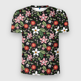 Мужская футболка 3D Slim с принтом Tropical flowers texture в Санкт-Петербурге, 100% полиэстер с улучшенными характеристиками | приталенный силуэт, круглая горловина, широкие плечи, сужается к линии бедра | Тематика изображения на принте: 