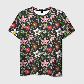 Мужская футболка 3D с принтом Tropical flowers texture в Санкт-Петербурге, 100% полиэфир | прямой крой, круглый вырез горловины, длина до линии бедер | Тематика изображения на принте: 