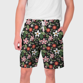 Мужские шорты 3D с принтом Tropical flowers texture в Екатеринбурге,  полиэстер 100% | прямой крой, два кармана без застежек по бокам. Мягкая трикотажная резинка на поясе, внутри которой широкие завязки. Длина чуть выше колен | 
