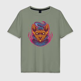 Мужская футболка хлопок Oversize с принтом Cat snake в Кировске, 100% хлопок | свободный крой, круглый ворот, “спинка” длиннее передней части | Тематика изображения на принте: 