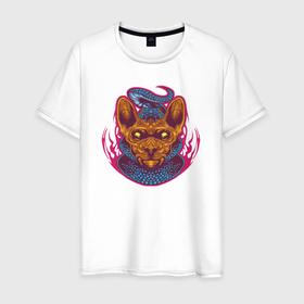 Мужская футболка хлопок с принтом Cat snake в Кировске, 100% хлопок | прямой крой, круглый вырез горловины, длина до линии бедер, слегка спущенное плечо. | Тематика изображения на принте: 