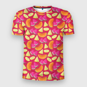 Мужская футболка 3D Slim с принтом Berries and fruits в Тюмени, 100% полиэстер с улучшенными характеристиками | приталенный силуэт, круглая горловина, широкие плечи, сужается к линии бедра | 