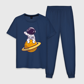 Мужская пижама хлопок с принтом На Сатурне в Петрозаводске, 100% хлопок | брюки и футболка прямого кроя, без карманов, на брюках мягкая резинка на поясе и по низу штанин
 | Тематика изображения на принте: 