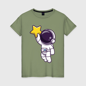 Женская футболка хлопок с принтом Космонавт со звёздочкой в Санкт-Петербурге, 100% хлопок | прямой крой, круглый вырез горловины, длина до линии бедер, слегка спущенное плечо | 