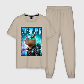 Мужская пижама хлопок с принтом Capypunk   fantasy ai art в Белгороде, 100% хлопок | брюки и футболка прямого кроя, без карманов, на брюках мягкая резинка на поясе и по низу штанин
 | 