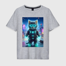 Мужская футболка хлопок Oversize с принтом Funny cyber kitten   ai art в Новосибирске, 100% хлопок | свободный крой, круглый ворот, “спинка” длиннее передней части | Тематика изображения на принте: 