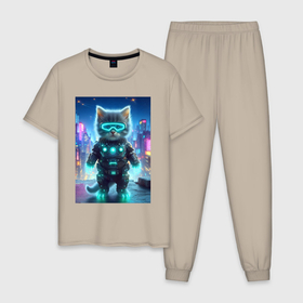 Мужская пижама хлопок с принтом Funny cyber kitten   ai art в Белгороде, 100% хлопок | брюки и футболка прямого кроя, без карманов, на брюках мягкая резинка на поясе и по низу штанин
 | 