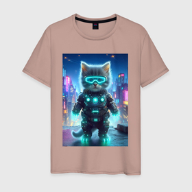 Мужская футболка хлопок с принтом Funny cyber kitten   ai art в Петрозаводске, 100% хлопок | прямой крой, круглый вырез горловины, длина до линии бедер, слегка спущенное плечо. | 