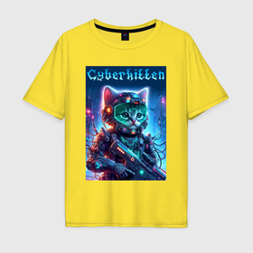 Мужская футболка хлопок Oversize с принтом Cyberkitten   military ai art в Тюмени, 100% хлопок | свободный крой, круглый ворот, “спинка” длиннее передней части | Тематика изображения на принте: 