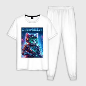 Мужская пижама хлопок с принтом Cyberkitten   military ai art , 100% хлопок | брюки и футболка прямого кроя, без карманов, на брюках мягкая резинка на поясе и по низу штанин
 | 