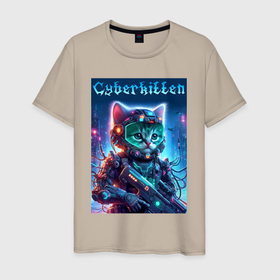Мужская футболка хлопок с принтом Cyberkitten   military ai art , 100% хлопок | прямой крой, круглый вырез горловины, длина до линии бедер, слегка спущенное плечо. | 