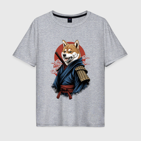 Мужская футболка хлопок Oversize с принтом Собака Сиба ину самурай в Кировске, 100% хлопок | свободный крой, круглый ворот, “спинка” длиннее передней части | 