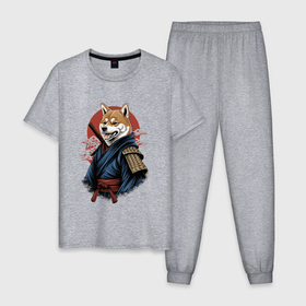 Мужская пижама хлопок с принтом Собака Сиба ину самурай в Екатеринбурге, 100% хлопок | брюки и футболка прямого кроя, без карманов, на брюках мягкая резинка на поясе и по низу штанин
 | 