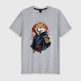 Мужская футболка хлопок Slim с принтом Собака Сиба ину самурай в Екатеринбурге, 92% хлопок, 8% лайкра | приталенный силуэт, круглый вырез ворота, длина до линии бедра, короткий рукав | 